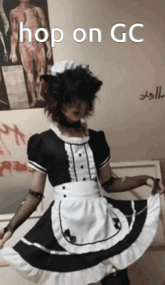 A Person Dressed As A Maid With The Words Hop On Gc Written On The Bottom GIF