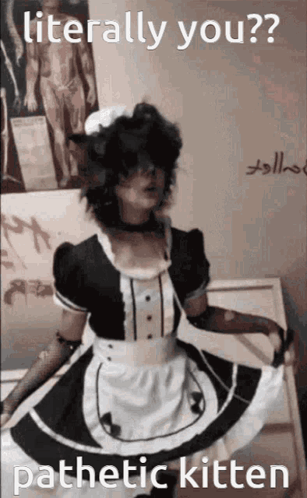a person dressed as a maid with the words literally you pathetic kitten written on the bottom