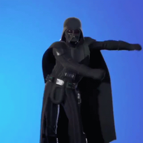 A Person Dressed As Darth Vader From Star Wars Is Dancing Against A Blue Background . GIF