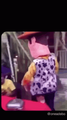 A Person Dressed As Woody From Toy Story Is Standing On A Red Carpet . GIF