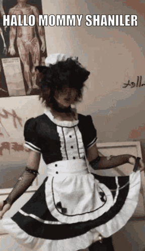 A Person Dressed In A Maid Costume With The Words Hallo Mommy Shaniler Above Them GIF