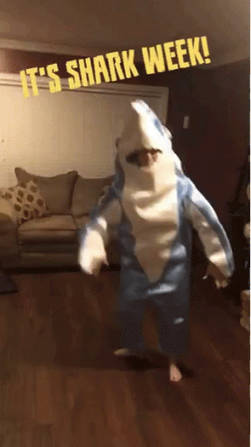 A Person Dressed In A Shark Costume With The Words It 'S Shark Week Behind Them GIF