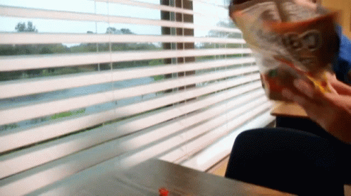 A Person Holding A Bag Of Cheetos In Front Of A Window With Blinds GIF