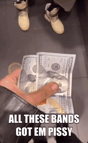 A Person Holding A Bunch Of 100 Dollar Bills With A Caption That Says All These Bands Got Em Pissy GIF