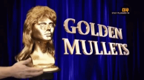 a person holding a golden mullet statue in front of a curtain that says golden mullets