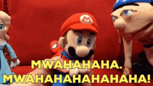 A Person Holding A Mario Puppet With The Words Mwahaha Written In Yellow GIF