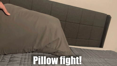 A Person Holding A Pillow On A Bed With The Words Pillow Fight GIF
