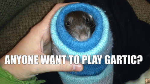 A Person Holding A Rat In A Blue Sweater With The Words " Anyone Want To Play Gartic " GIF