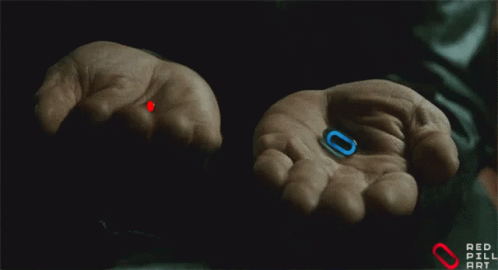 A Person Holding A Red And Blue Pill In Their Palms GIF