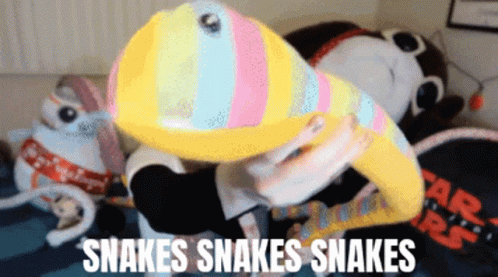 A Person Holding A Stuffed Animal With The Words Snakes Snakes Snakes GIF