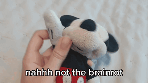 A Person Holding A Stuffed Mickey Mouse With The Words " Nahhh Not The Brainrot " Above It GIF