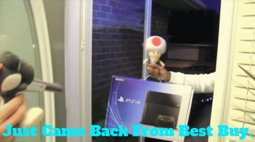 A Person Holding A Stuffed Toad Next To A Playstation 4 Box GIF