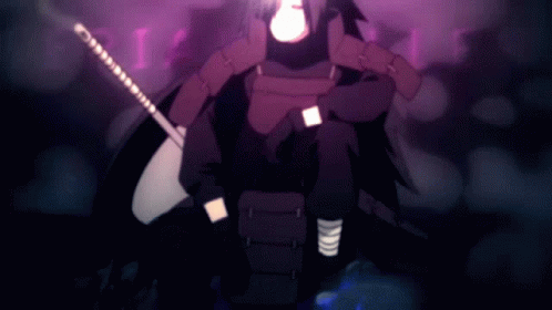 A Person Holding A Sword In Front Of A Purple Background With The Letter L GIF