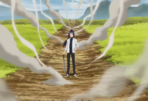 A Person Holding A Sword On A Dirt Road With Smoke Coming Out Of It GIF