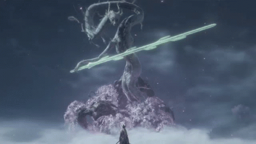 A Person Holding A Sword Standing In Front Of A Giant Statue GIF