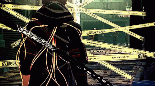 A Person Holding A Sword Standing In Front Of A Row Of Yellow Tape That Says Keepout GIF