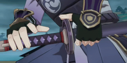 A Person Holding A Sword With A Purple And Gold Emblem On Their Sleeve GIF
