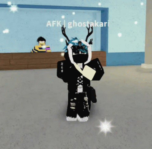 A Person In A Black And White Outfit Is Standing In Front Of A Sign That Says Afk Ghostakari GIF