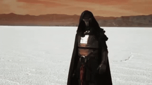 A Person In A Black Cape Is Standing In A Snowy Field . GIF