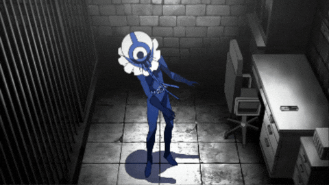 A Person In A Blue Costume With A White Circle On Their Head GIF