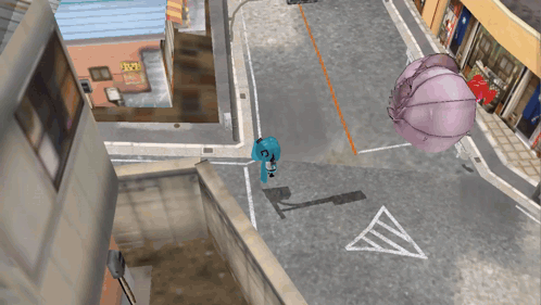 A Person In A Blue Suit Is Walking Down A Street In Front Of A Building That Says ' A ' On It GIF