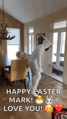 A Person In A Bunny Costume Is Dancing In A Living Room With The Words Happy Easter Mark I Love You GIF