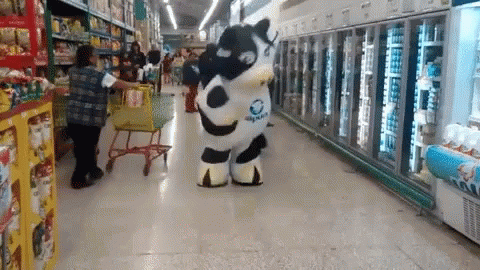A Person In A Cow Costume Is Walking Down A Grocery Store Aisle GIF