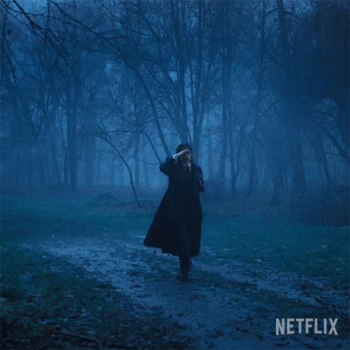 A Person In A Dark Forest With A Netflix Logo On The Bottom Right GIF