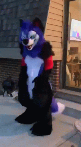 A Person In A Furry Costume Is Standing In Front Of A Building GIF