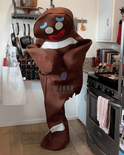 A Person In A Gingerbread Man Costume Is Standing In A Kitchen By A Stove GIF