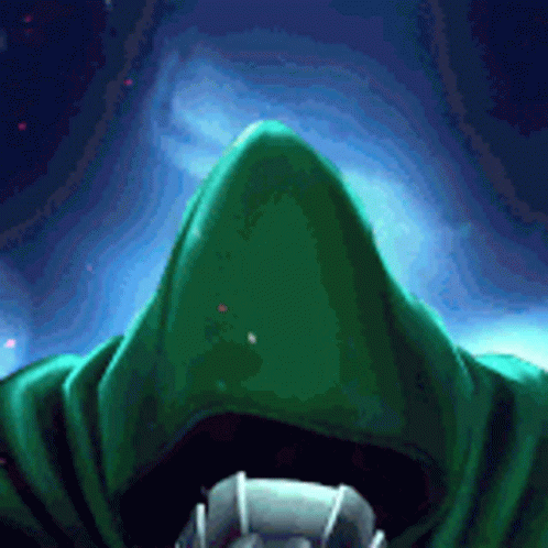 A Person In A Green Hooded Cape With A Blue Background GIF