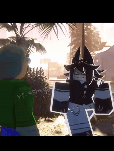 a person in a green shirt is standing next to a person in a black and white cartoon