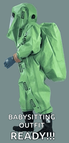 A Person In A Green Suit That Says Babysitting Outfit Ready On It GIF