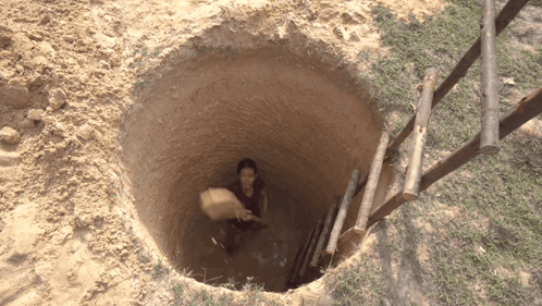 A Person In A Hole With A Wooden Ladder Leading To It GIF