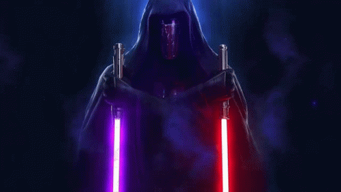 A Person In A Hood Holding Two Lightsabers GIF