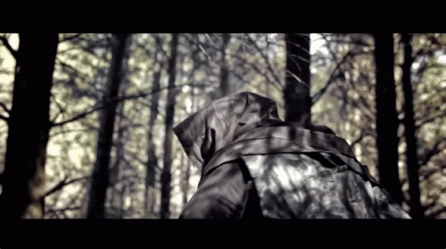 A Person In A Hooded Jacket Is Walking Through A Dark Forest GIF