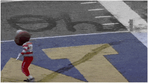 A Person In A Mascot Costume Is Standing In Front Of A Football Field GIF