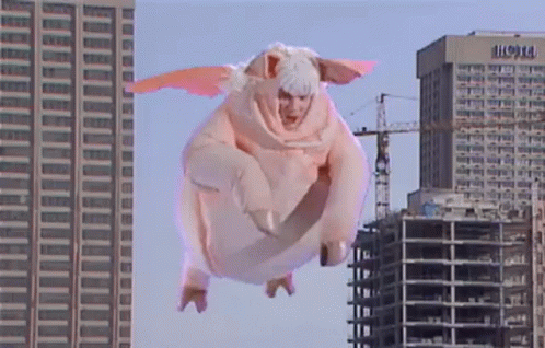 A Person In A Pig Costume Is Flying In The Air GIF