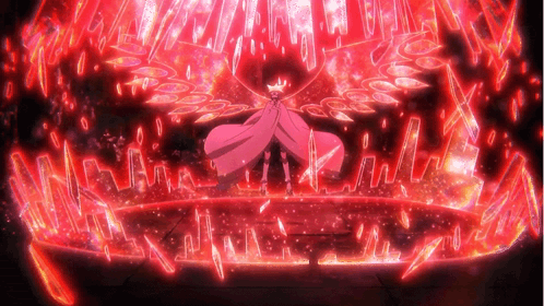 A Person In A Pink Cape Stands In Front Of A Circle Of Red Fire GIF