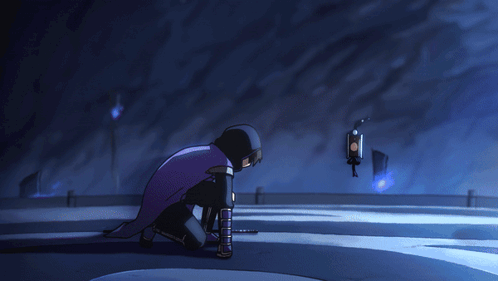 A Person In A Purple Cape Is Kneeling Down In A Dark Room GIF