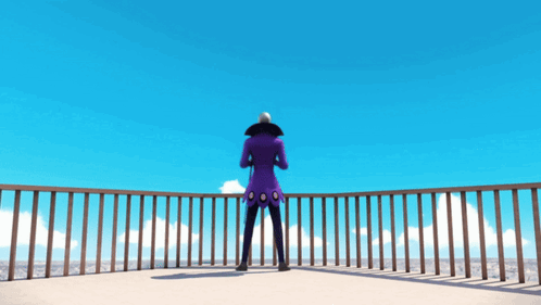 A Person In A Purple Coat Is Standing On A Balcony GIF
