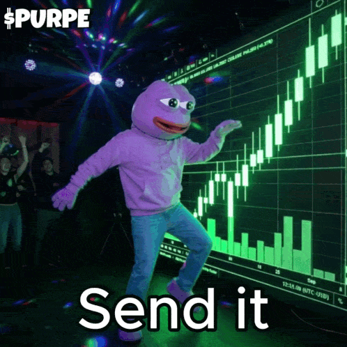 A Person In A Purple Frog Costume Is Dancing In Front Of A Screen That Says Send It GIF