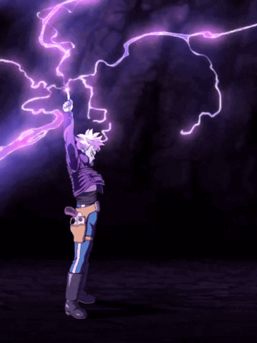 A Person In A Purple Jacket Is Holding Up A Lightning Bolt GIF