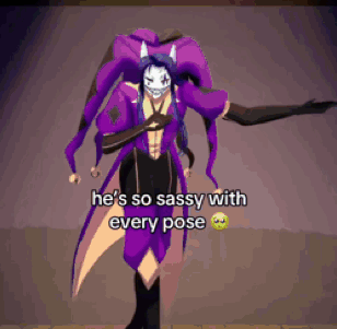 A Person In A Purple Outfit Is Laying On Their Back With The Words He 'S So Sassy With Every Pose Above Them GIF