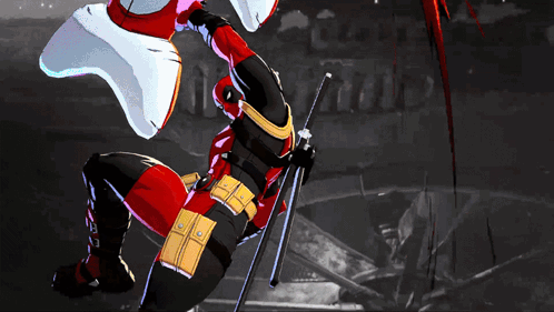 a person in a red and white outfit is holding a sword in a video game