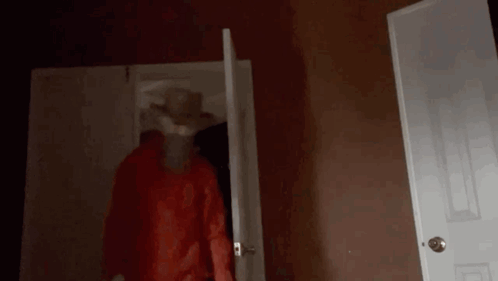 a person in a red hoodie is standing in a dark room .