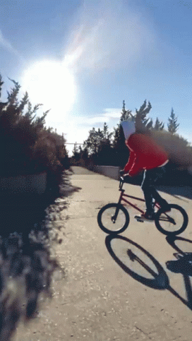 A Person In A Red Jacket Is Riding A Bike Down A Path GIF