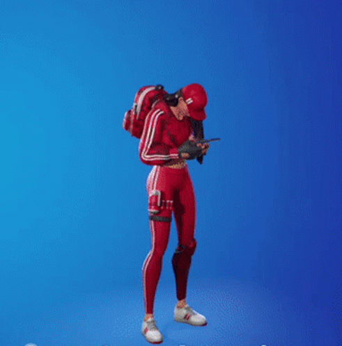 A Person In A Red Outfit Is Holding A Gun With A Strawberry Cake Coming Out Of Their Head GIF