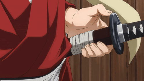 A Person In A Red Shirt Is Holding A Sword In Their Right Hand GIF