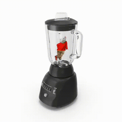 A Person In A Red Shirt Is Standing Inside Of A Blender GIF